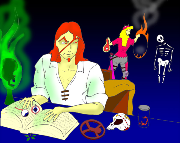 With a mixture of irritation and longing in his eyes, Hazzanghoul tries to study necromancy while behind him, shadow knight Ashlinne amuses herself trying to coax an undead skeletal pet through a flaming hoop with the lure of a juicy steak.